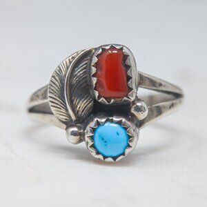 Vintage Sterling Turquoise and Coral Ring – Southwest Style